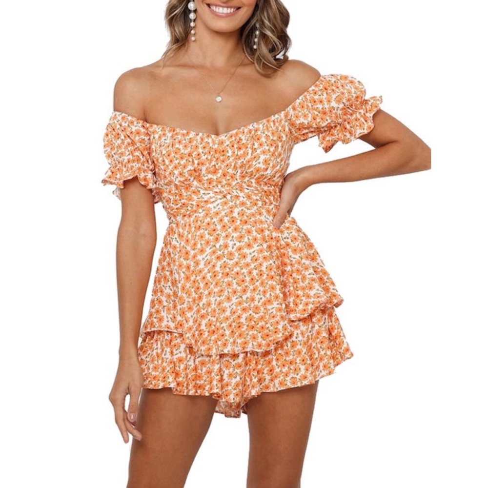 O. Vianca orange floral printed ruffle romper - womens size small